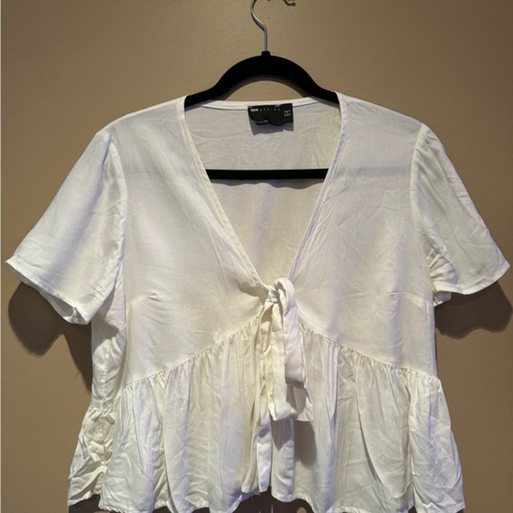 White Ruffled Puff Sleeve Tie-Front Blouse